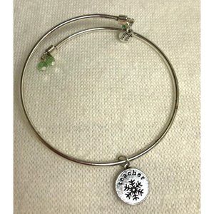 Adjustable Silver Tone Bangle Bracelet with Snowflake "Teacher" Charm
